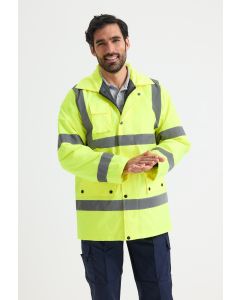 Uneek Clothing Hi Vis Road Safety Jacket - Embroidery Access at Hem, Hood with Draw Cord Under Collar, Waterproof Taped Seams