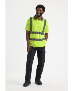 Uneek Clothing Hi Vis Short Sleeve Polo Shirt – 2 Band & 2 Brace, Ribbed Contrast Collar with Double Fluorescent Stripes