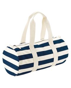 Westford Mill Nautical Barrel Bag - Printed Stripe Canvas Holdall with Zipped Closure and Webbing Handles, Travel Gym Bag