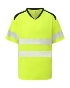 Yoko Hi-Vis Mandarin Collar Comfort Trim T-Shirt - Reflective Safety Tee, Breathable Waffle Pique, Twin-Needle Stitching
