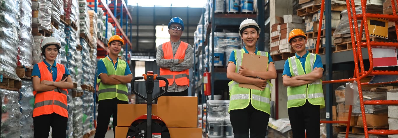 warehouse staff stand together in personalised hi viz